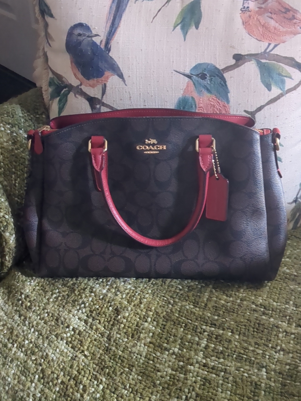 Coach Brown Signature Tote with Cardinal Red Trim